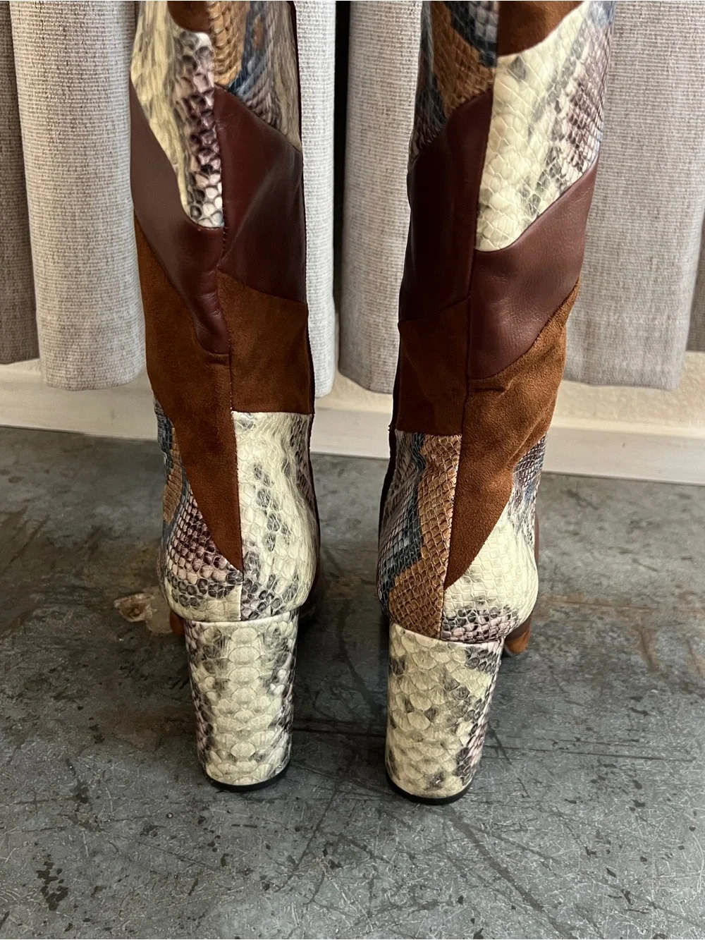 Knee High Patchwork Snake Print Brown Faux Leather Heeled Boots Women’s 7.5